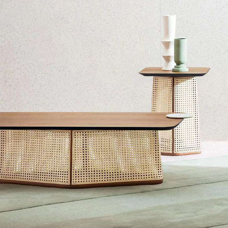 Scandinavian Trapezoid Ash Wood Rattan 1-Tier End Table