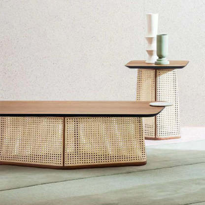 Scandinavian Trapezoid Ash Wood Rattan 1-Tier End Table
