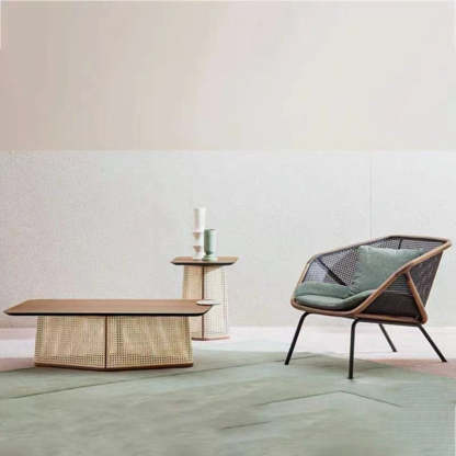 Scandinavian Trapezoid Ash Wood Rattan 1-Tier End Table