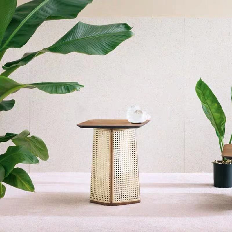 Scandinavian Trapezoid Ash Wood Rattan 1-Tier End Table — A