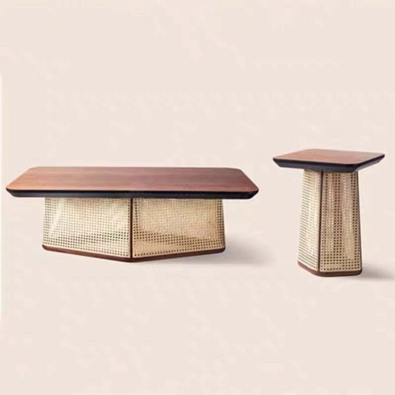Scandinavian Trapezoid Ash Wood Rattan 1-Tier End Table — B - Large