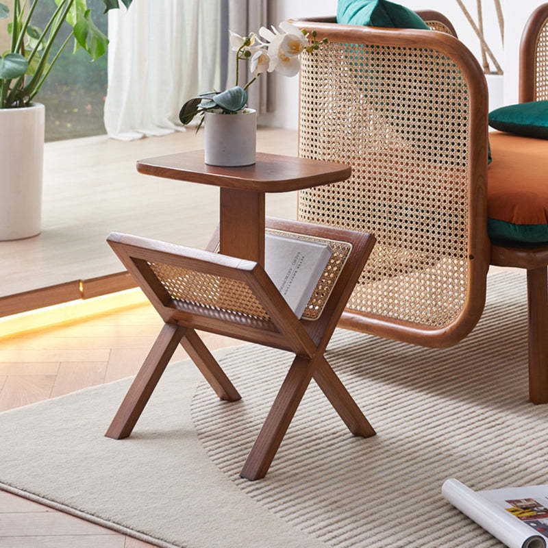 Vintage Ash Wood Rattan Triangle-Support 1-Tier End Table — C