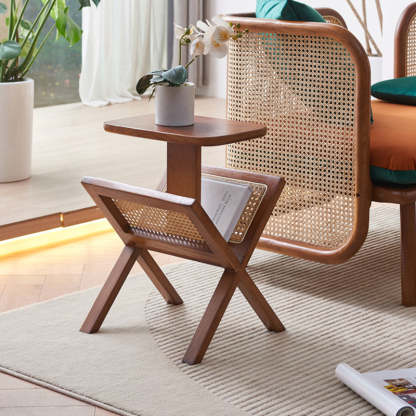 Vintage Ash Wood Rattan Triangle-Support 1-Tier End Table — C