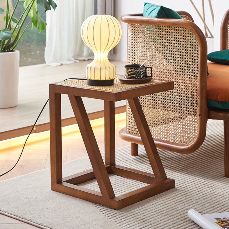 Vintage Ash Wood Rattan Triangle-Support 1-Tier End Table — A