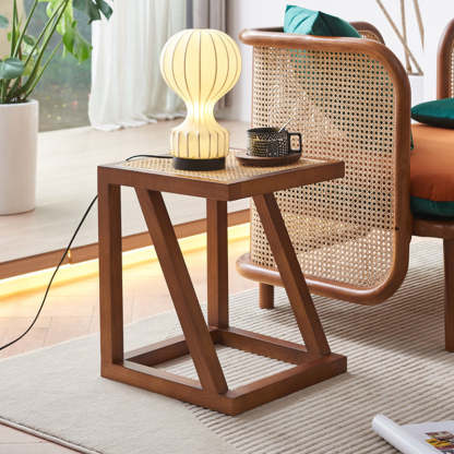 Vintage Ash Wood Rattan Triangle-Support 1-Tier End Table — A