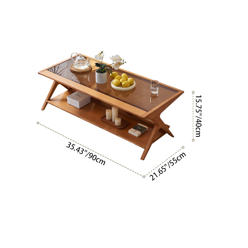 Japanese Glass Ash Wood Rattan 2-Tier End Table