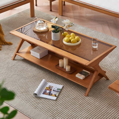 Japanese Glass Ash Wood Rattan 2-Tier End Table