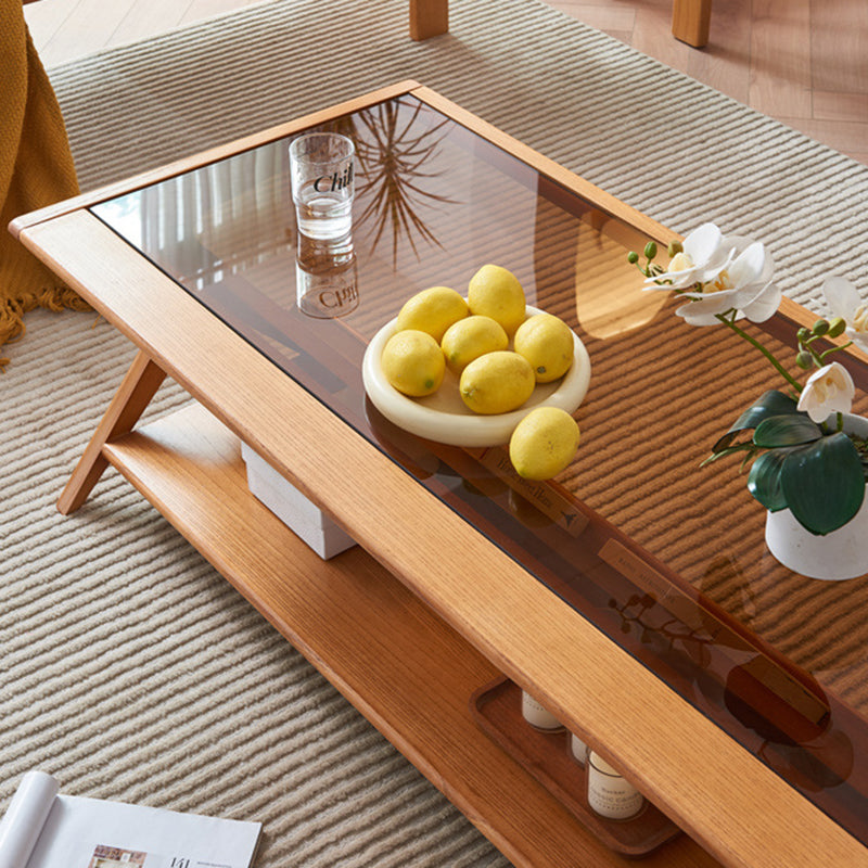Japanese Glass Ash Wood Rattan 2-Tier End Table