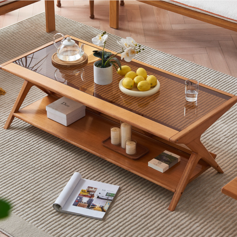 Japanese Glass Ash Wood Rattan 2-Tier End Table