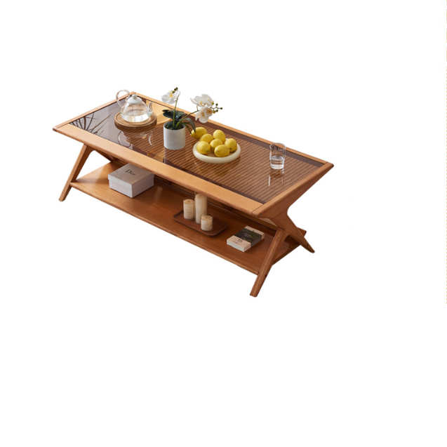 Japanese Glass Ash Wood Rattan 2-Tier End Table