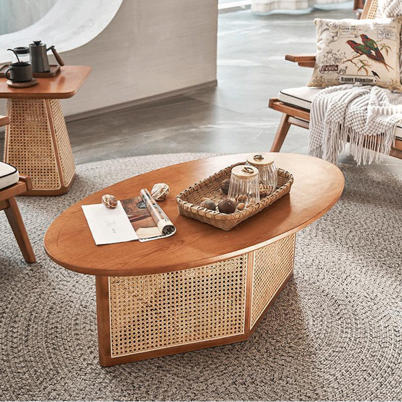 Scandinavian Oval Solid Wood Rattan 1-Tier End Table — A