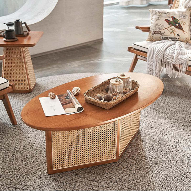 Scandinavian Oval Solid Wood Rattan 1-Tier End Table — A