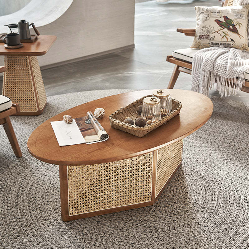 Scandinavian Oval Solid Wood Rattan 1-Tier End Table