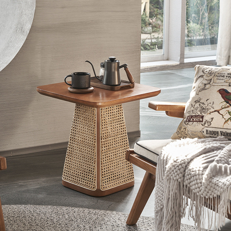Scandinavian Oval Solid Wood Rattan 1-Tier End Table — B