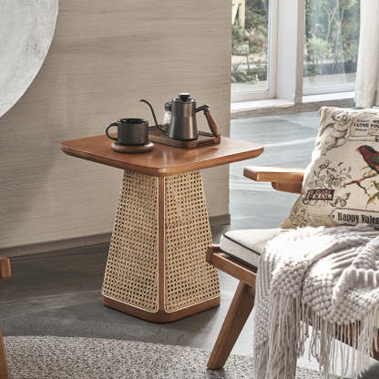 Scandinavian Oval Solid Wood Rattan 1-Tier End Table — B