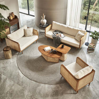 Scandinavian Oval Solid Wood Rattan 1-Tier End Table