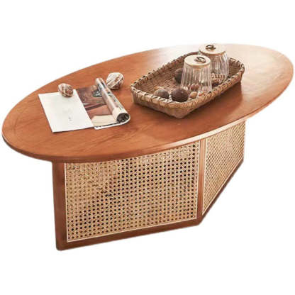 Scandinavian Oval Solid Wood Rattan 1-Tier End Table