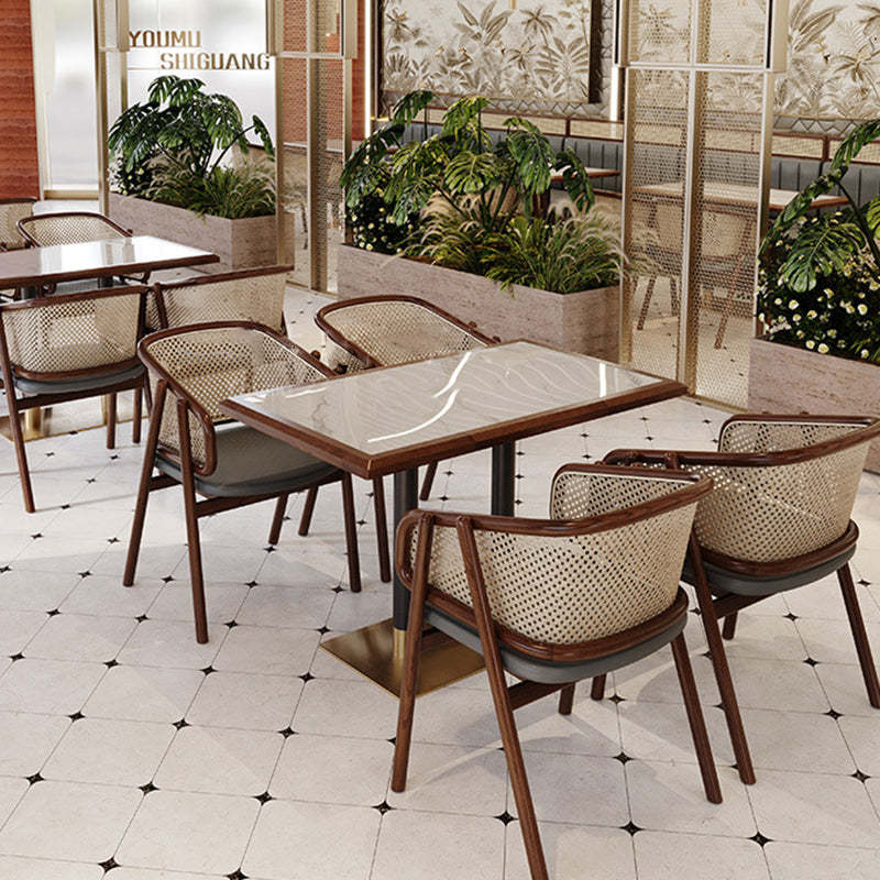 Vintage Half-Wrap Leather Rattan Solid Wood Dining Chair — Gray