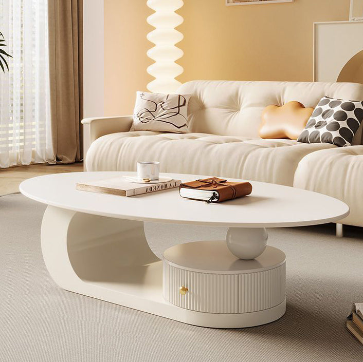Scandinavian Oval Rock Slab Iron End Table — White + White