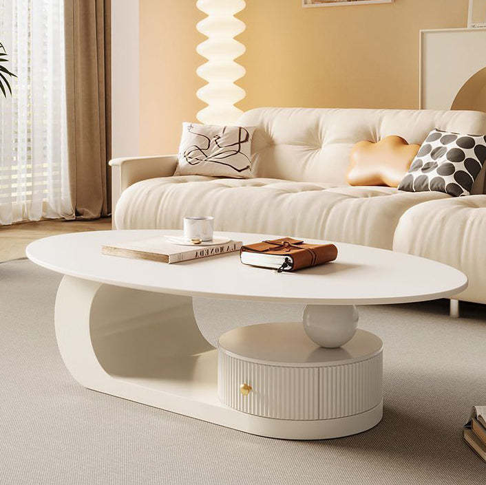 Scandinavian Oval Rock Slab Iron End Table — White + White