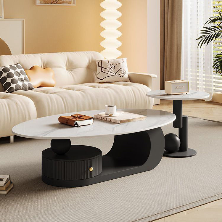 Scandinavian Oval Rock Slab Iron End Table — Black + White