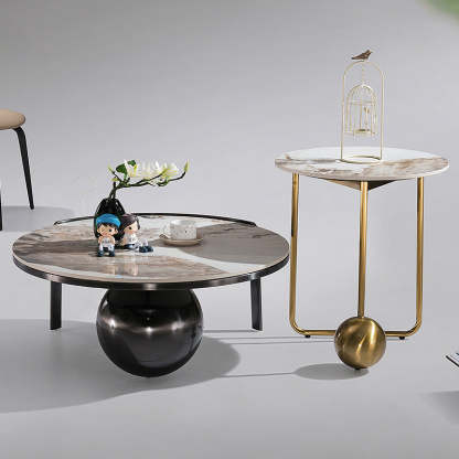 French Orb Marble Steel End Table — Low + Tall