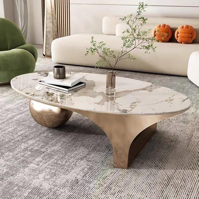 Contemporary Oval Ball Marble Metal End Table — Gray