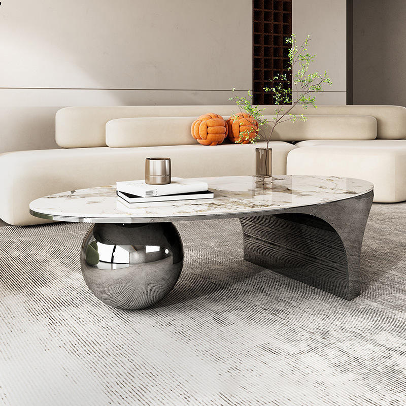 Contemporary Oval Ball Marble Metal End Table — Gold