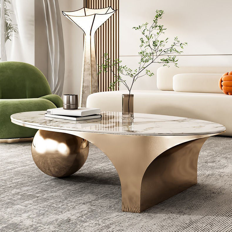 Contemporary Oval Ball Marble Metal End Table