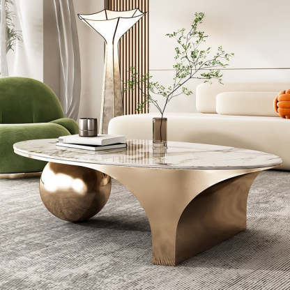 Contemporary Oval Ball Marble Metal End Table