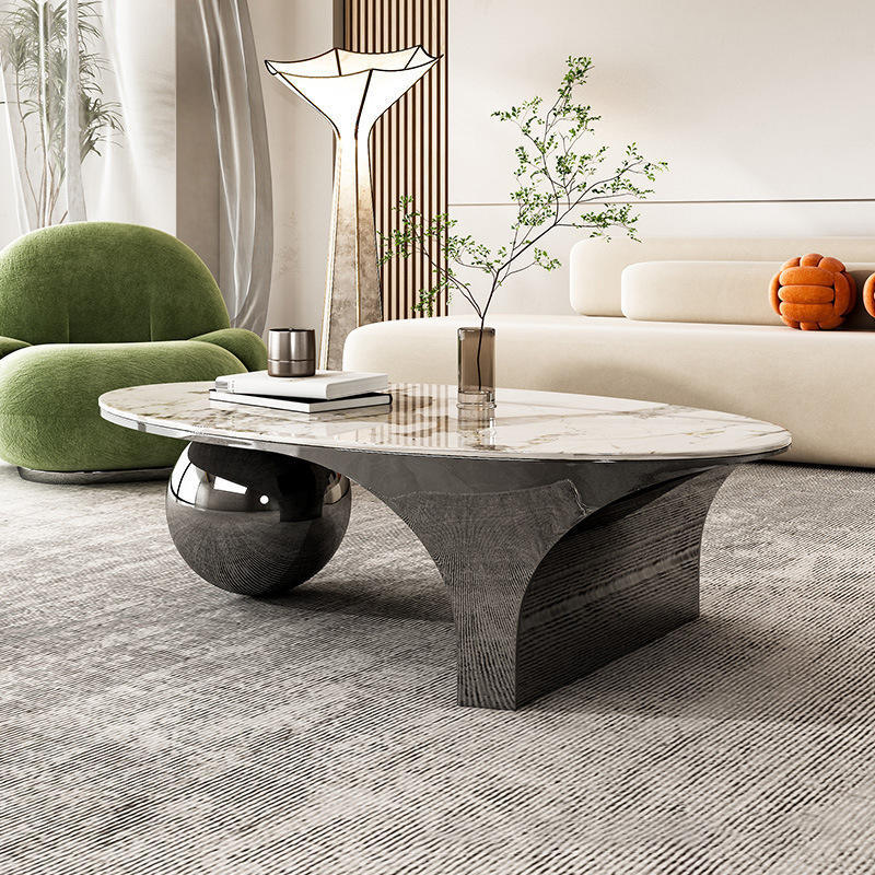 Contemporary Oval Ball Marble Metal End Table