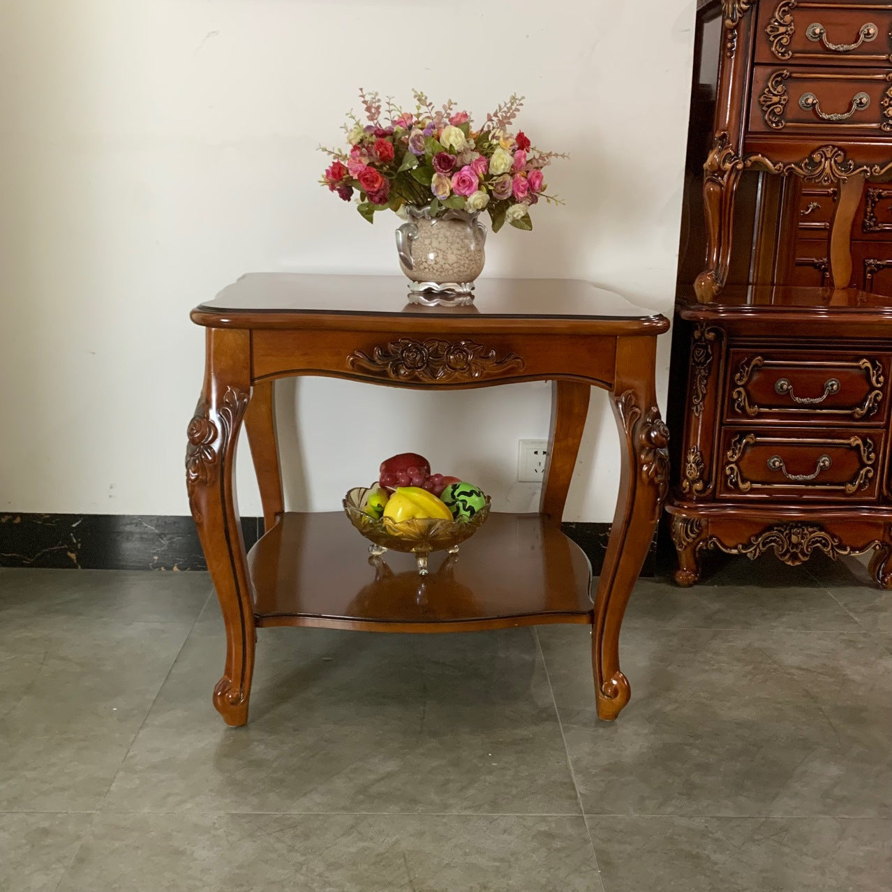 Chinese Carved Solid Wood 2-Tier End Table