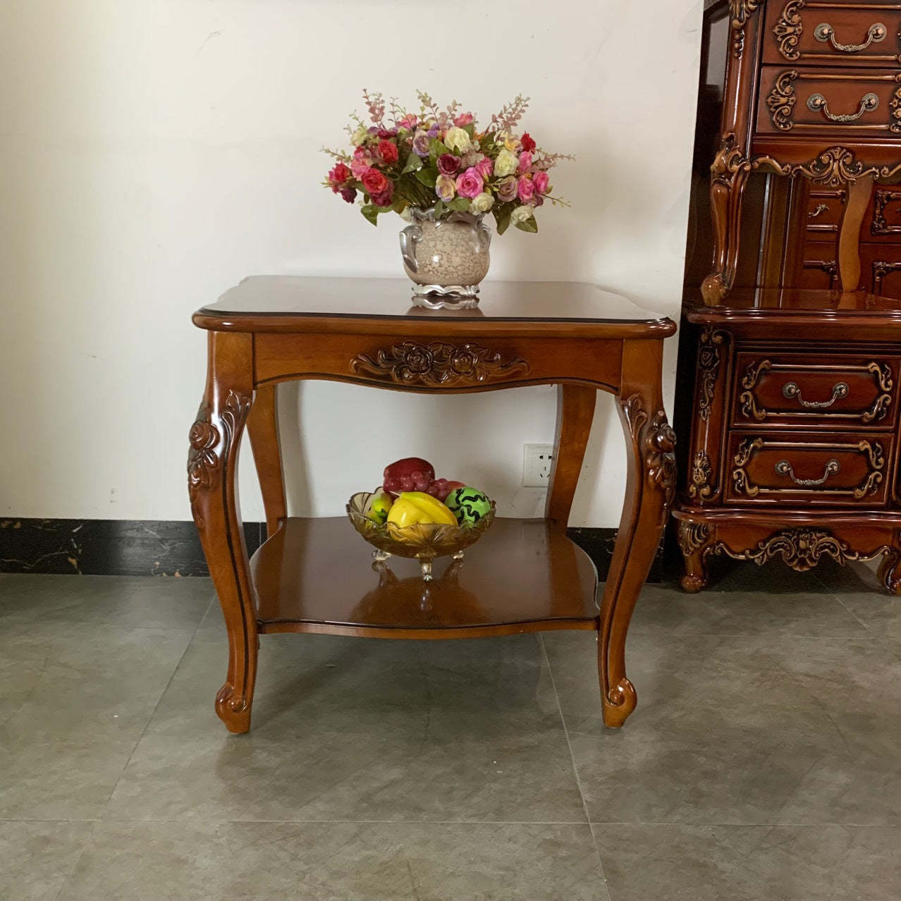 Chinese Carved Solid Wood 2-Tier End Table