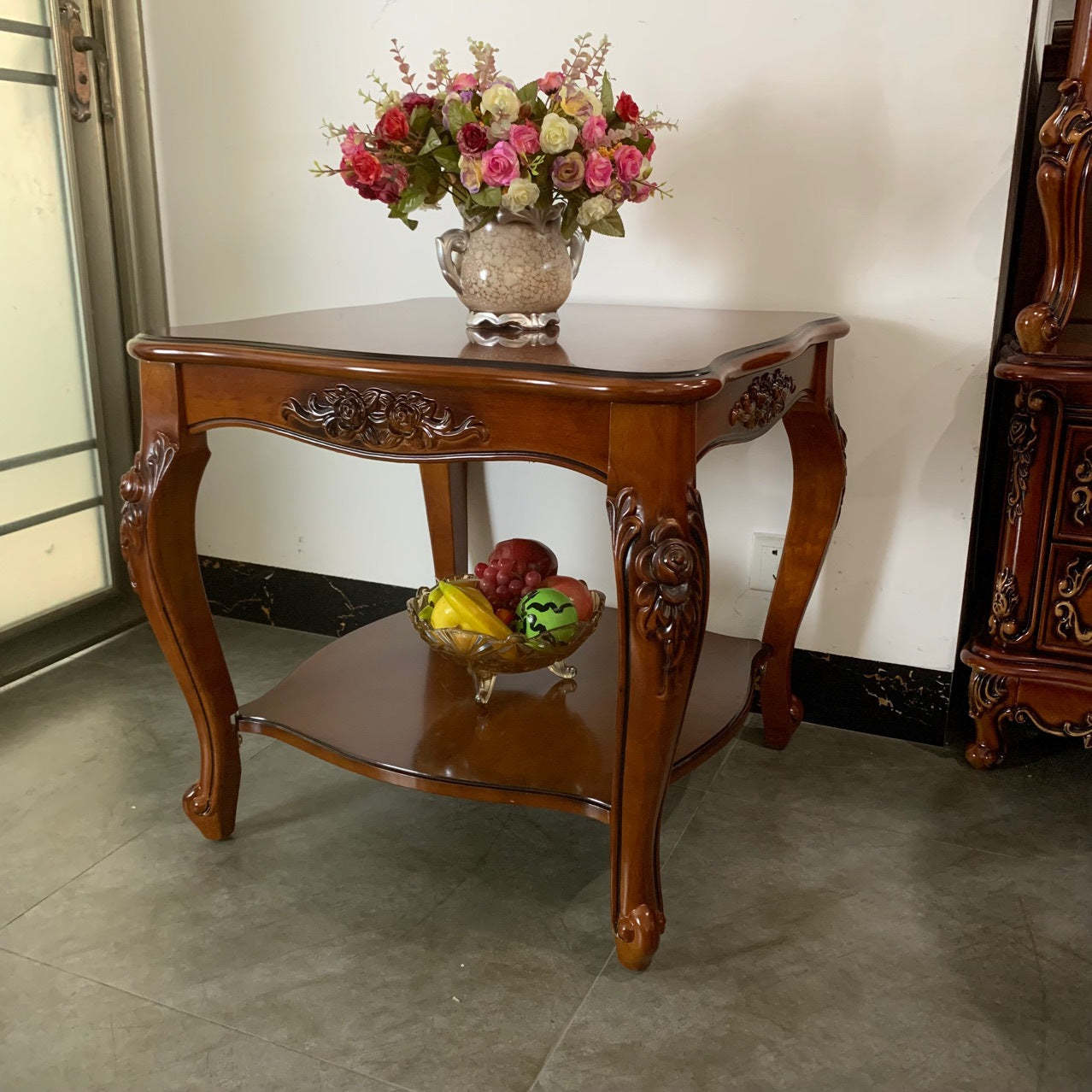 Chinese Carved Solid Wood 2-Tier End Table