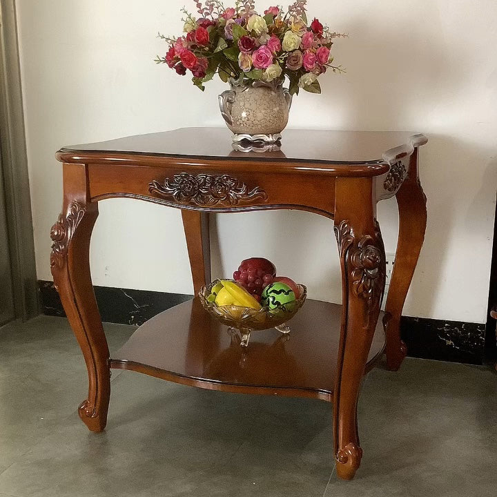 Chinese Carved Solid Wood 2-Tier End Table