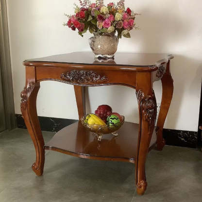 Chinese Carved Solid Wood 2-Tier End Table