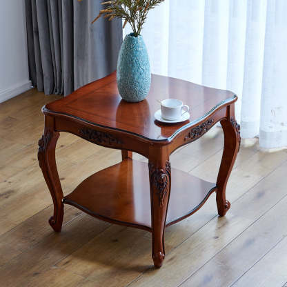 Chinese Carved Solid Wood 2-Tier End Table — Brown