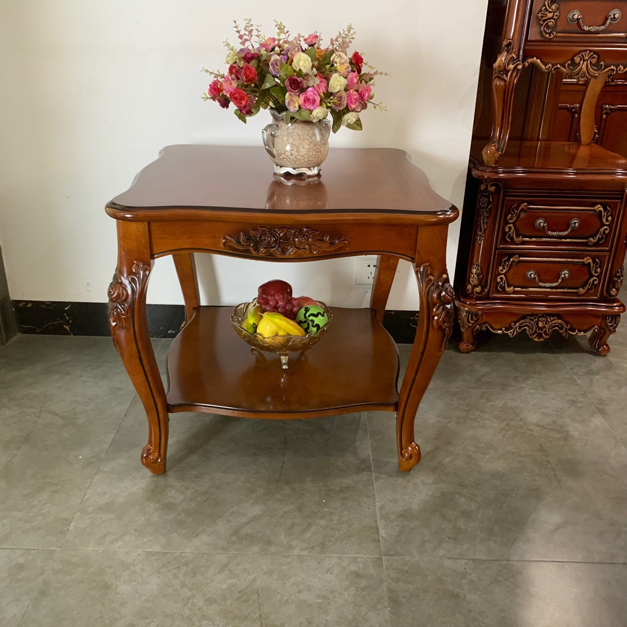 Chinese Carved Solid Wood 2-Tier End Table