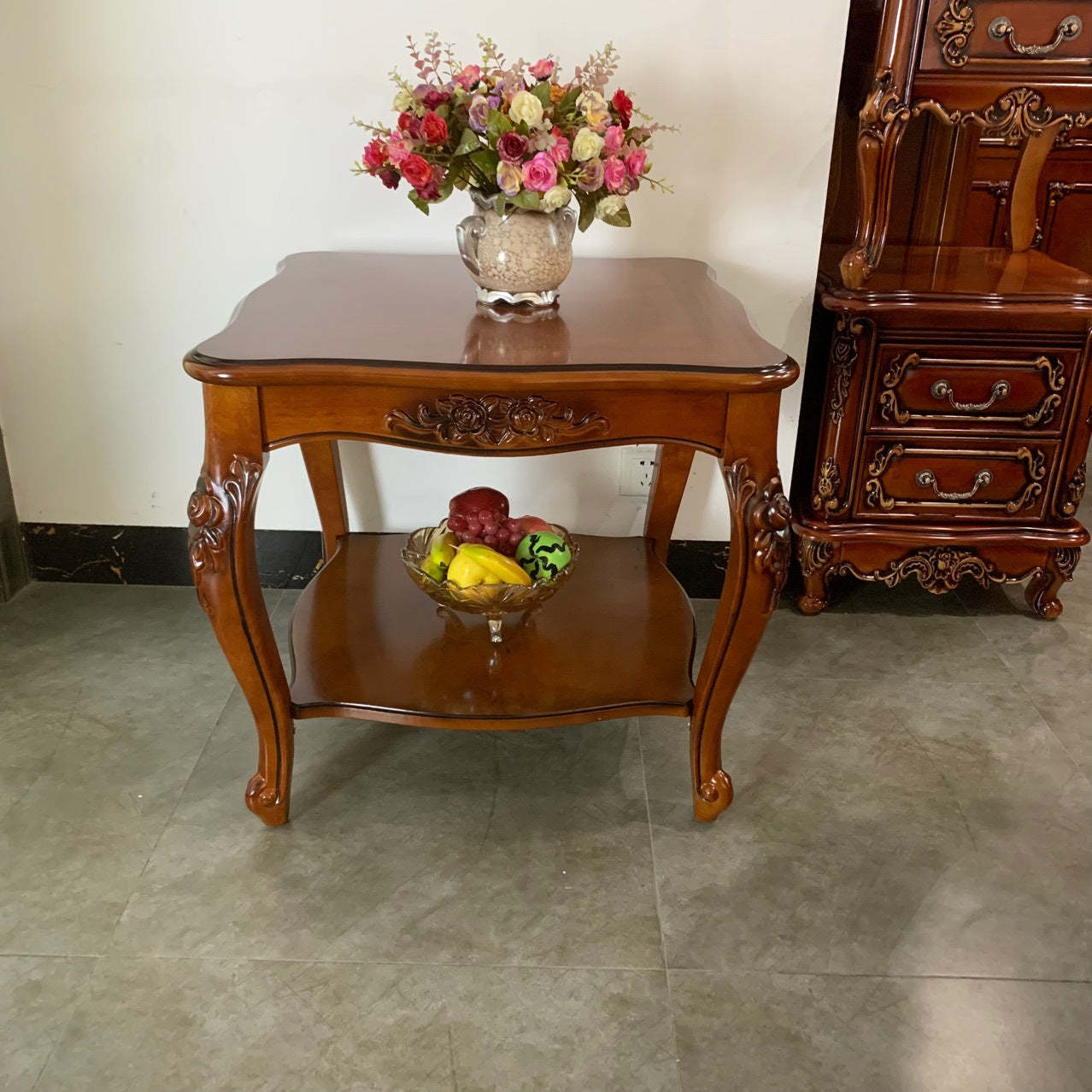 Chinese Carved Solid Wood 2-Tier End Table