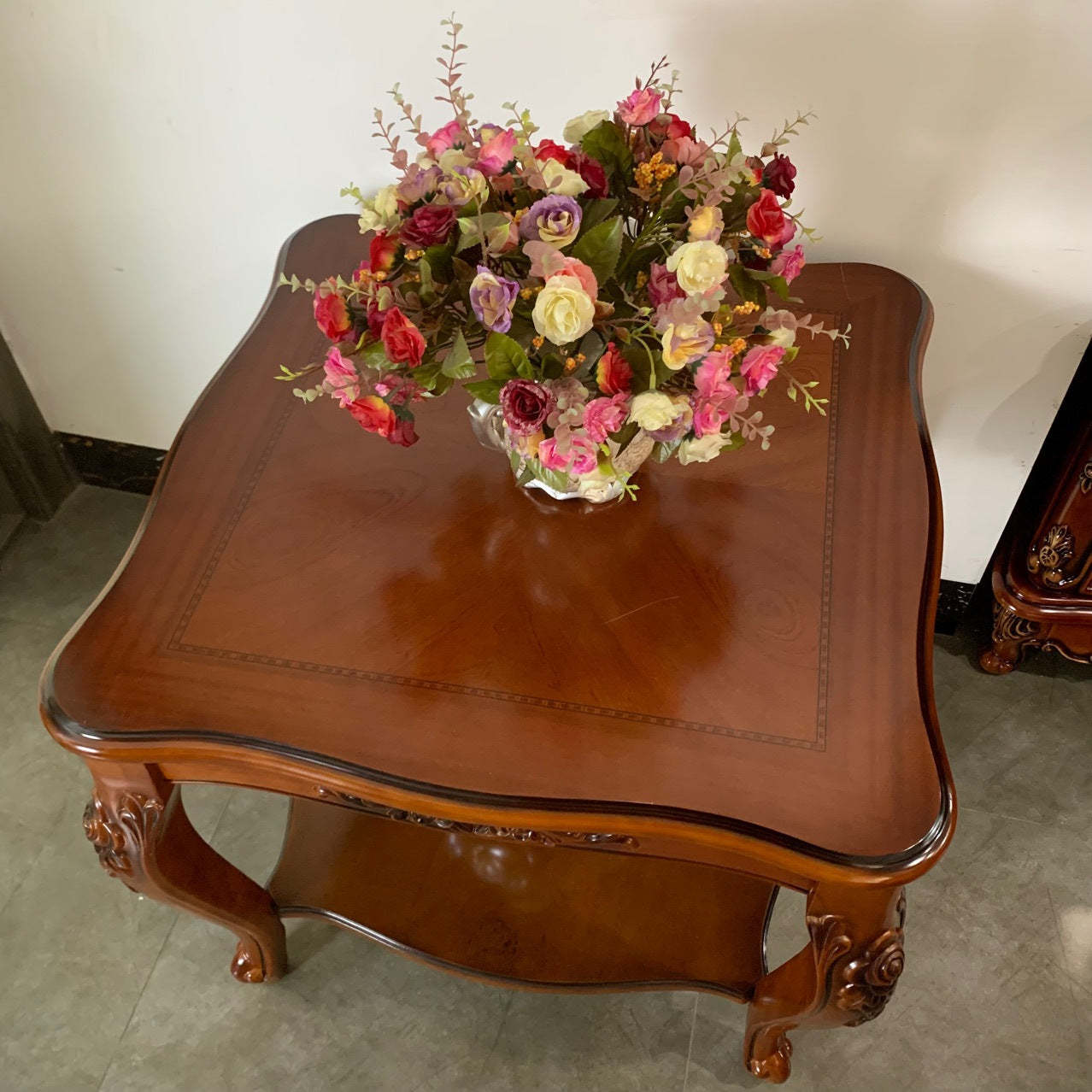 Chinese Carved Solid Wood 2-Tier End Table