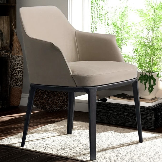 Scandinavian Trapezoidal Leather Wood Dining Chair — Almond Color