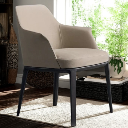 Scandinavian Trapezoidal Leather Wood Dining Chair — Almond Color