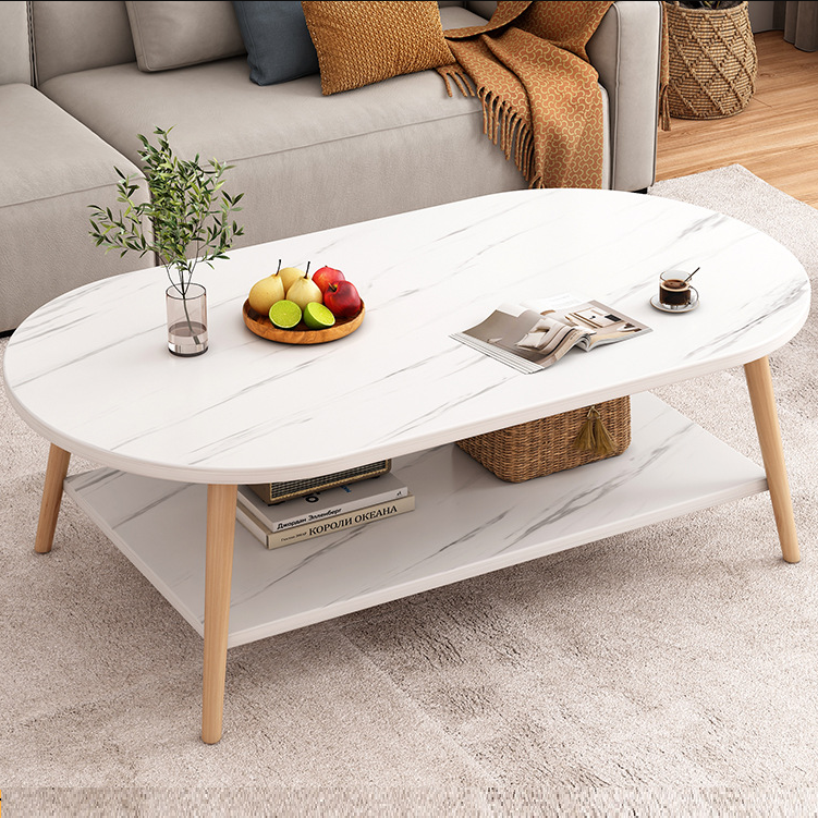 Modern Long Oval Wood 2-Tier End Table — Marble White