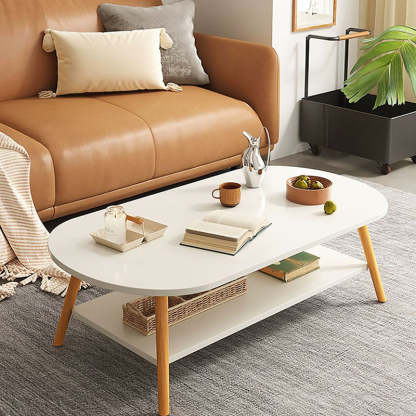 Modern Long Oval Wood 2-Tier End Table — White