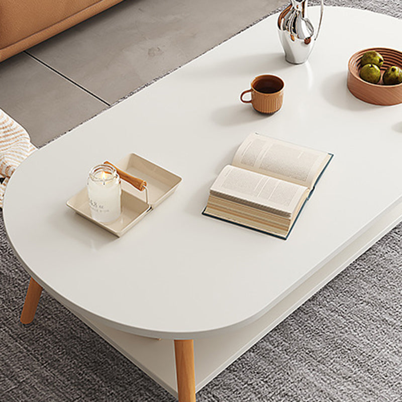 Modern Long Oval Wood 2-Tier End Table — Marble White