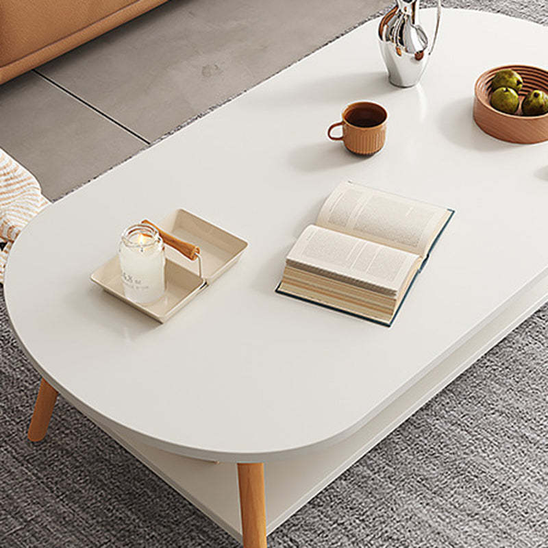 Modern Long Oval Wood 2-Tier End Table — Marble White