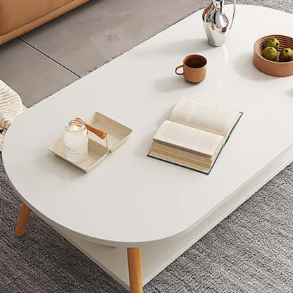 Modern Long Oval Wood 2-Tier End Table — Marble White