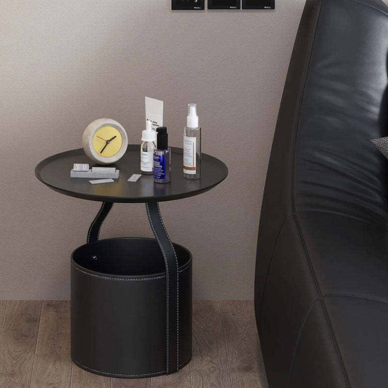 Scandinavian Saddle Leather Metal Drum 1-Tier End Table