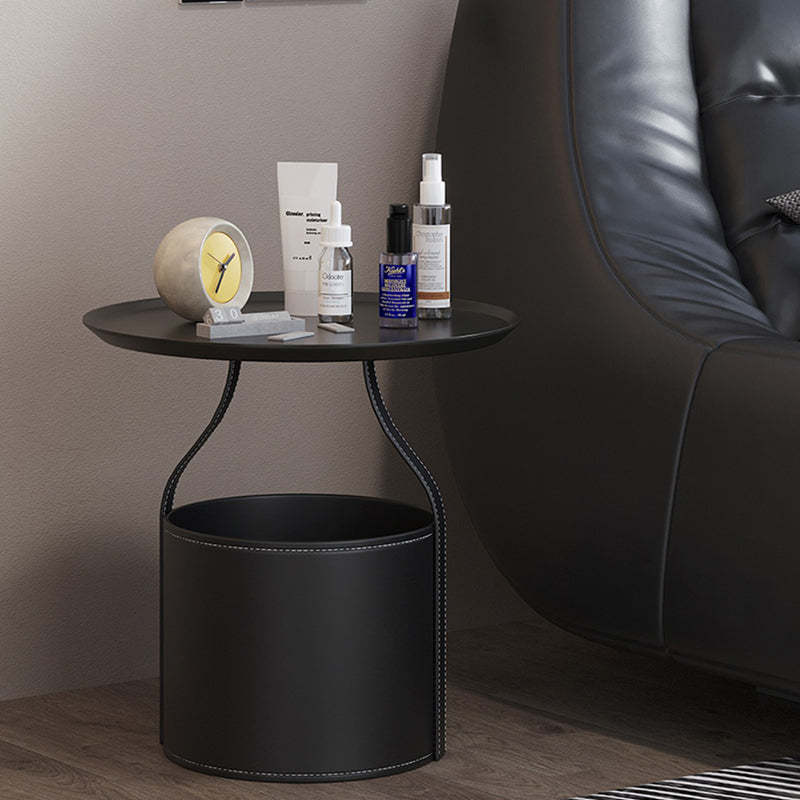 Scandinavian Saddle Leather Metal Drum 1-Tier End Table