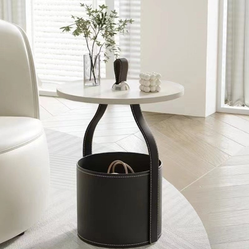 Scandinavian Saddle Leather Metal Drum 1-Tier End Table